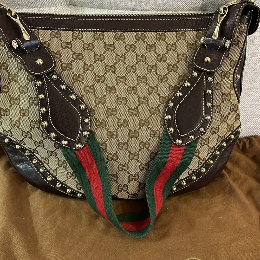 **Gucci GG Canvas Studded Monogram Pelham crossbody hobo bag**  RARE AUTHENTIC